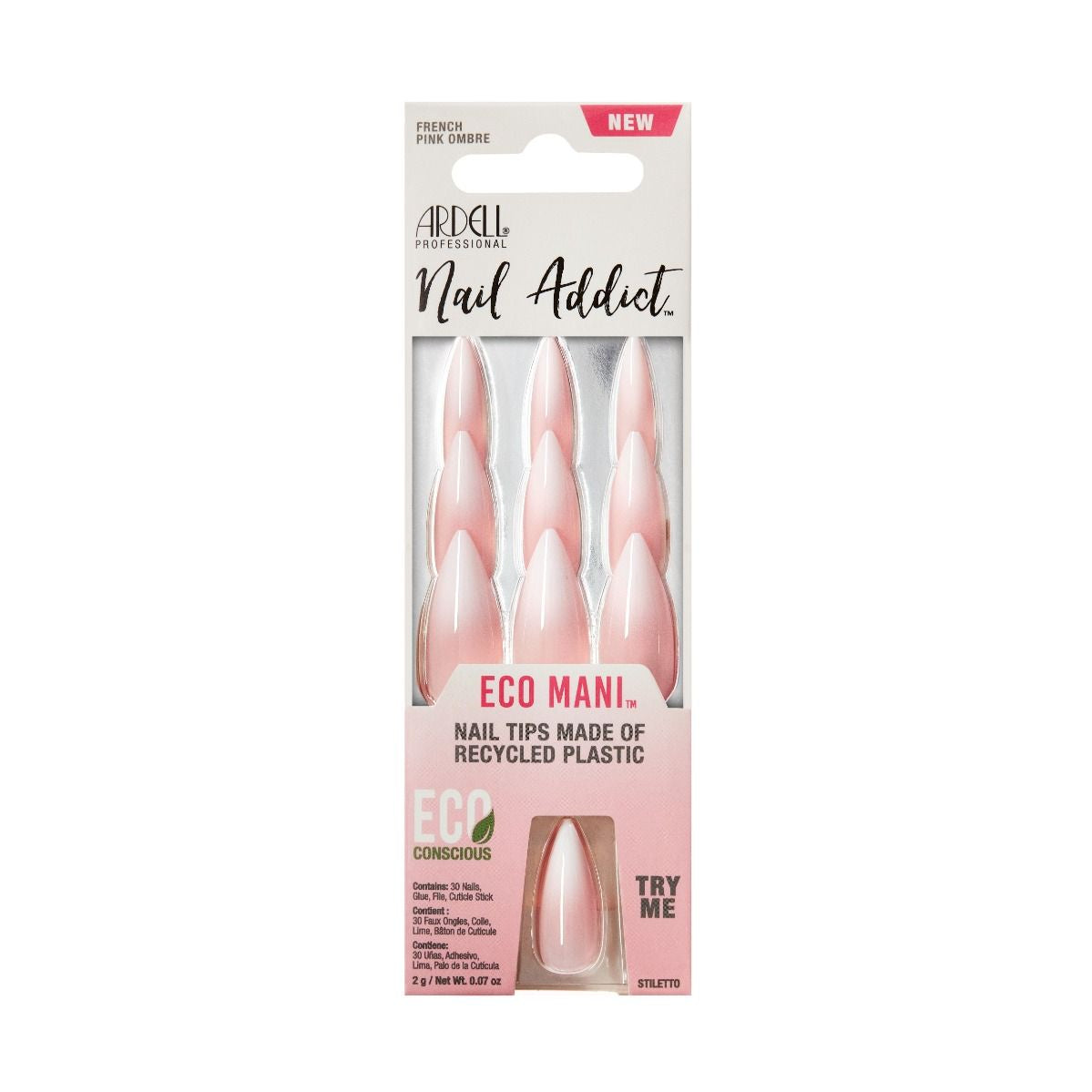 Ardell Nail Addict Eco Mani French Style Press - on Nails in Pink Ombre Color, Product Code #58640