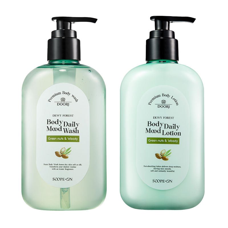 Doori Brand Daily Mood Foaming Body Wash and Moisturizing Lotion Set (Green Nuts & Woody Scent) with a Total Volume of 380ml